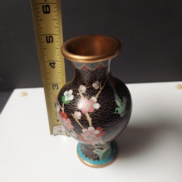 Mcm cloisonne desk vase black pink  flowers highest quality 5in made in china - Picture 3 of 4